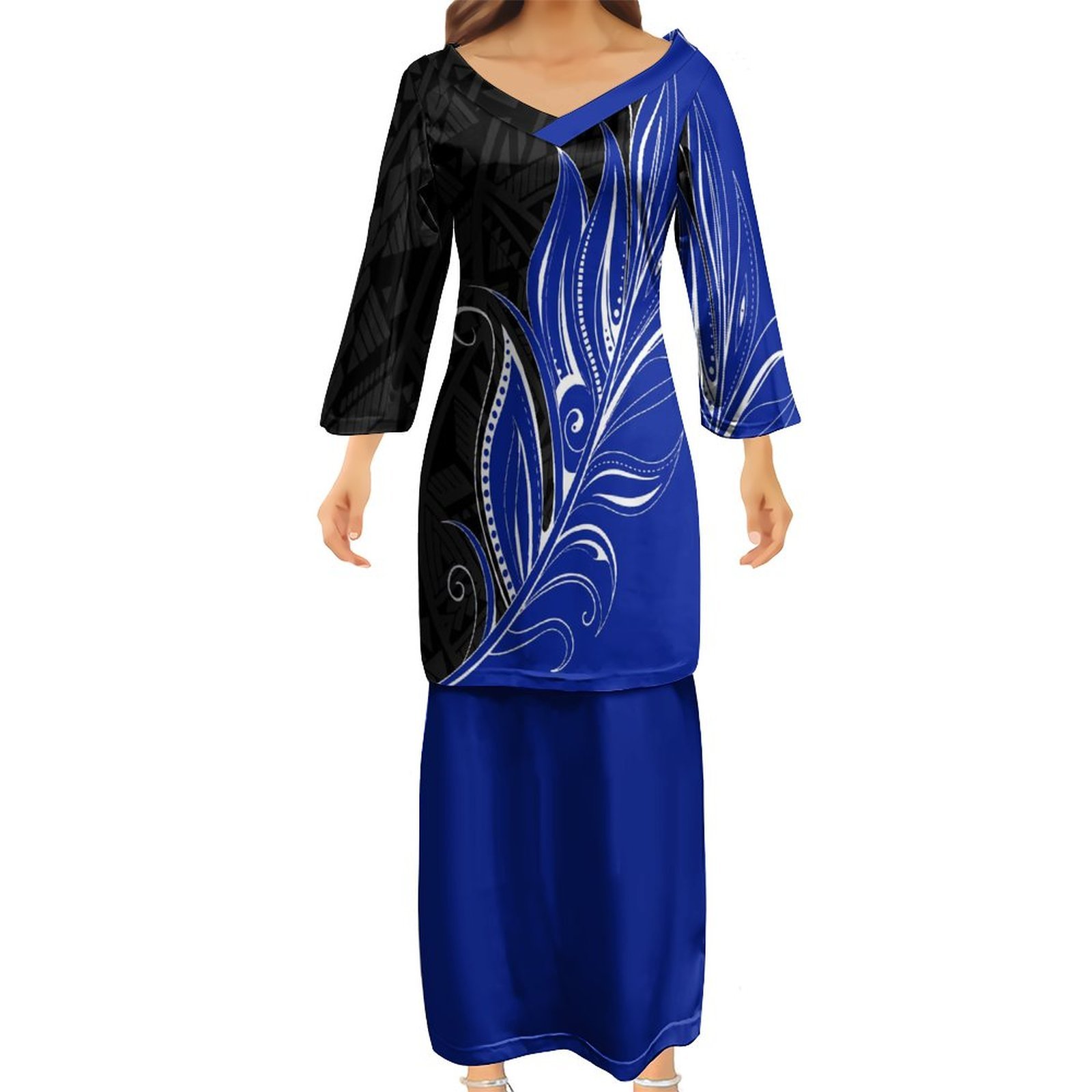 Polynesian Tribal Tapa Pattern Design Samoa Tonga Puletasi Dress V Neck Ptaha Womens Lavalava Set Two 2 Piece Outfits Sets Dress