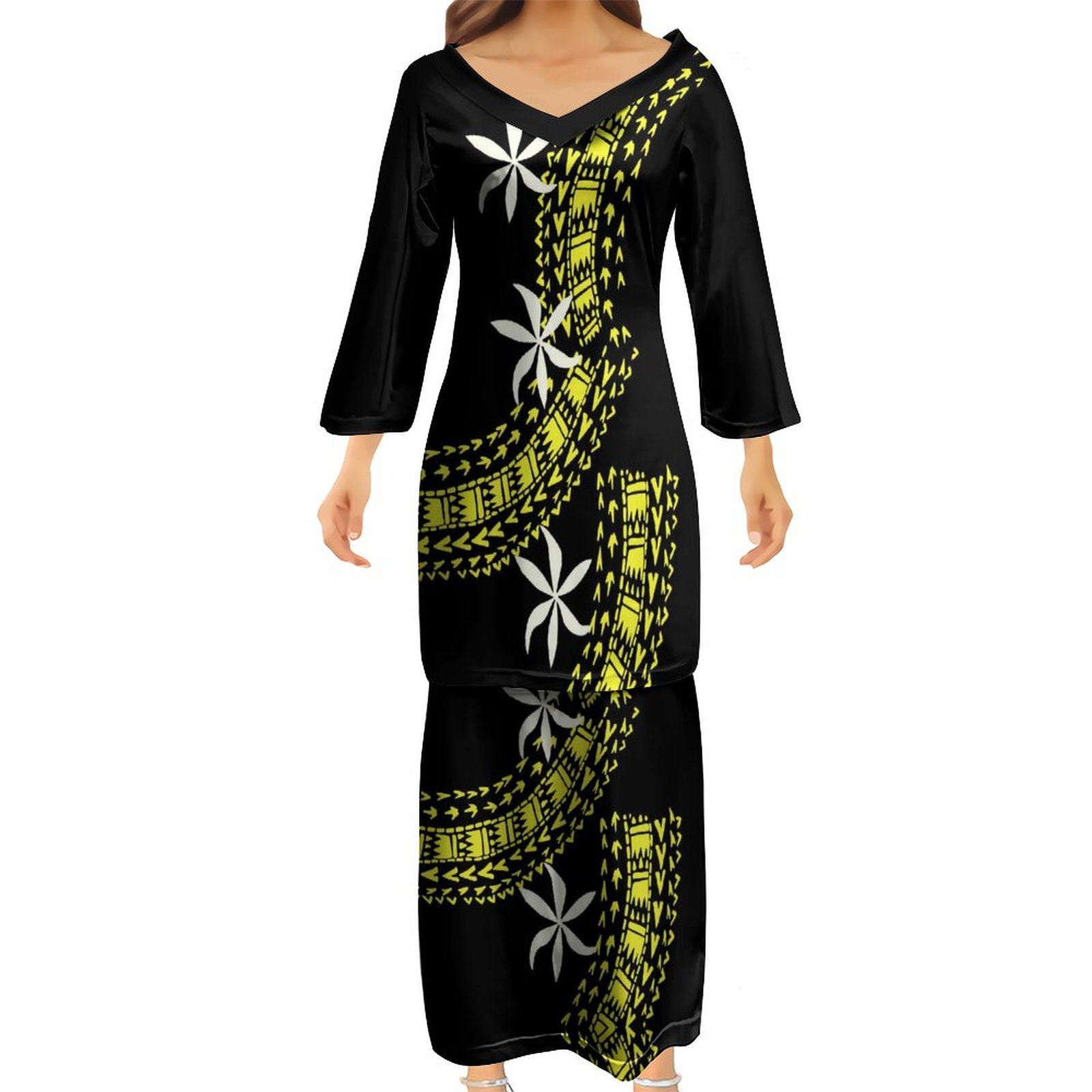 Polynesian Tribal Tapa Pattern Design Samoa Tonga Puletasi Dress V Neck Ptaha Womens Lavalava Set Two 2 Piece Outfits Sets Dress