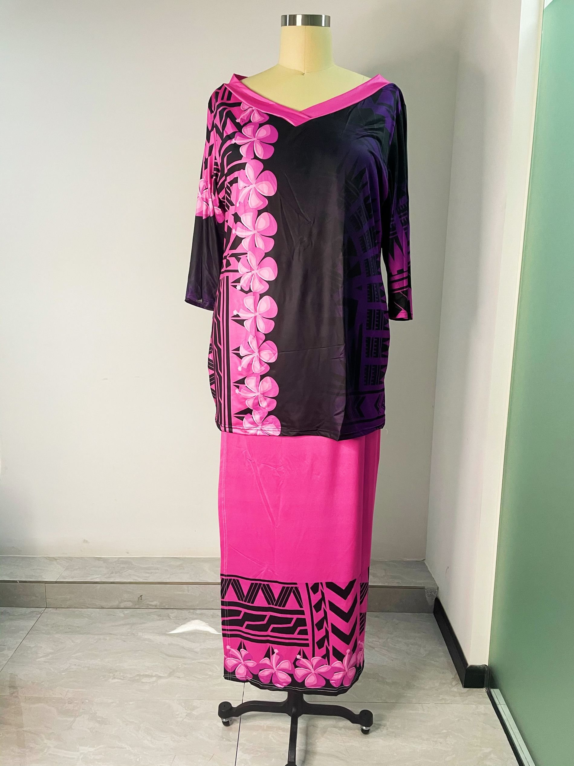 Polynesian Tribal Tapa Pattern Design Samoa Tonga Puletasi Dress V Neck Ptaha Womens Lavalava Set Two 2 Piece Outfits Sets Dress