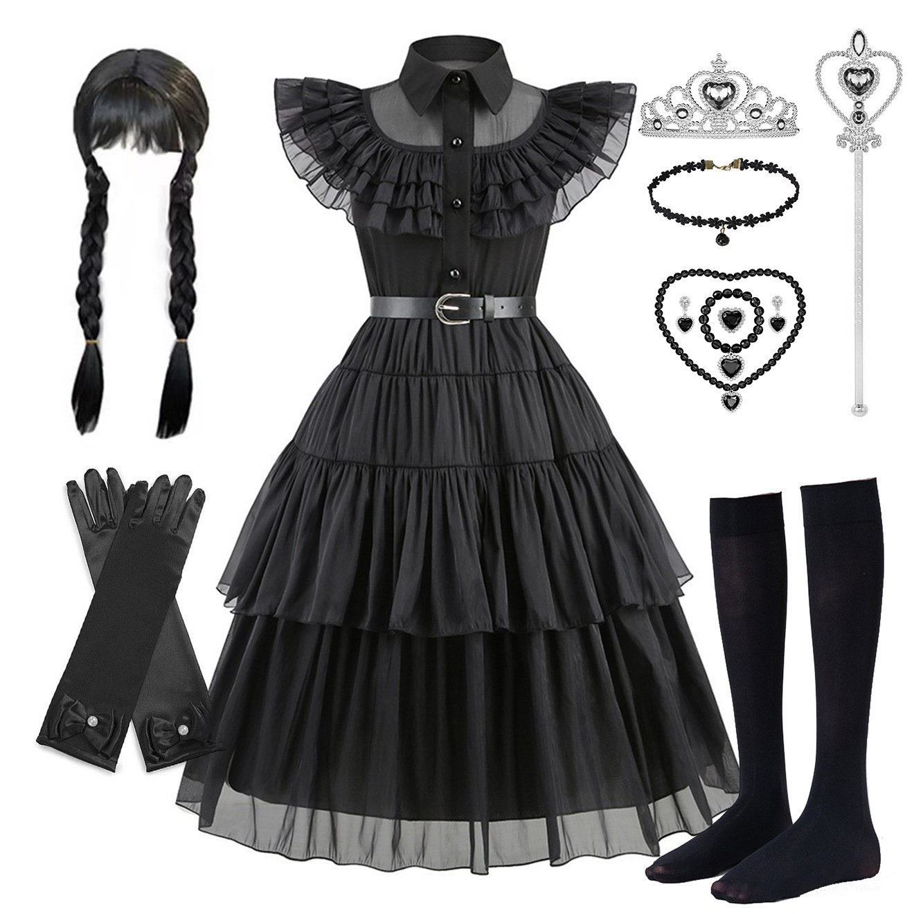 New Halloween TV&Movie Cosplay Costume Girls Black Mesh Dress Birthday Party Dance Prom Dress Up The Addams Family Wednesday
