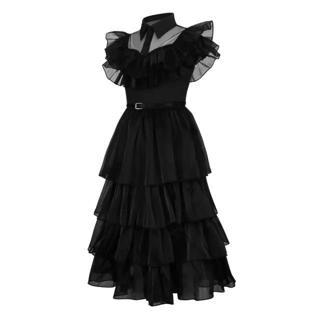 New Halloween TV&Movie Cosplay Costume Girls Black Mesh Dress Birthday Party Dance Prom Dress Up The Addams Family Wednesday