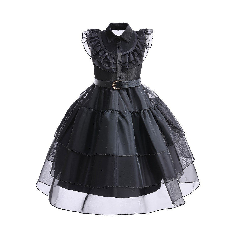 New Halloween TV&Movie Cosplay Costume Girls Black Mesh Dress Birthday Party Dance Prom Dress Up The Addams Family Wednesday