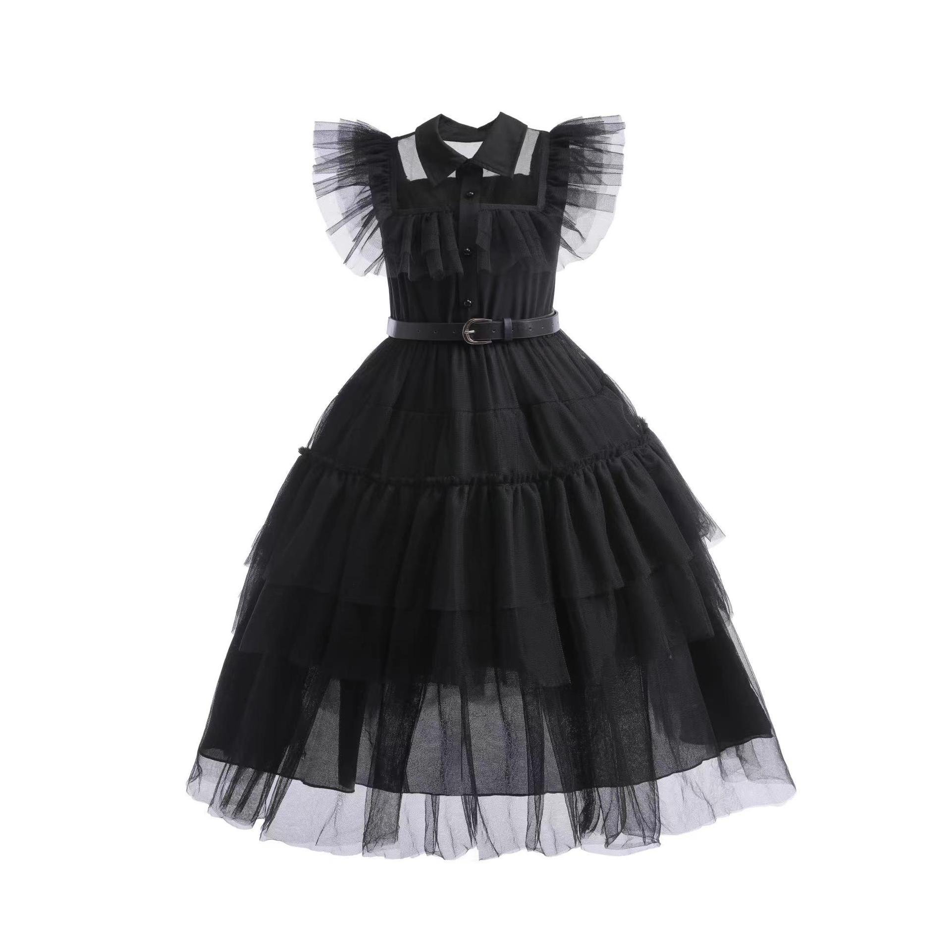 New Halloween TV&Movie Cosplay Costume Girls Black Mesh Dress Birthday Party Dance Prom Dress Up The Addams Family Wednesday