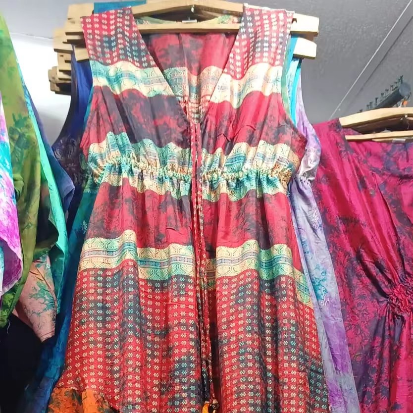Tie-Dye Print Rayon Fabric Women Dress bohemian style sleeveless long traditional dress solid color simple dress