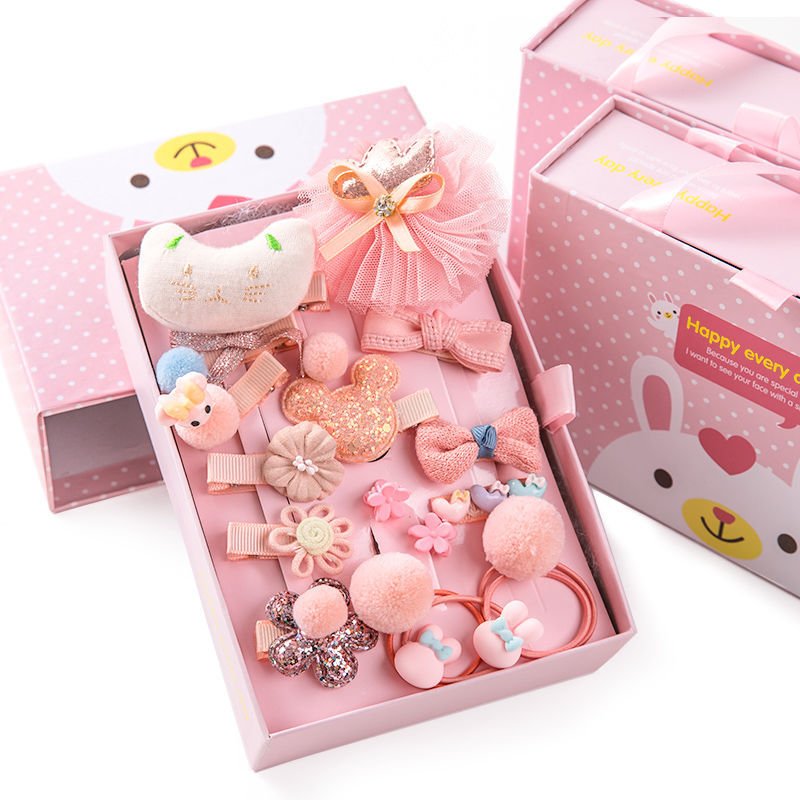 Children 18Pcs Sets Bobby Pins Hair Clips Ornaments Bow Hairgrips Hair Accessories For Toddler Girls Gift Box Hair Ties Set