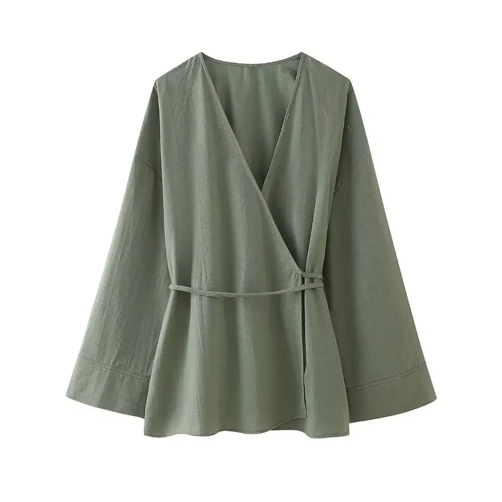 Women's Casual Fashion Two-Piece Set Solid Textured Tied Crossover Kimono Blouse Pockets Mid-Elastic Waist Pants Knitting Fabric