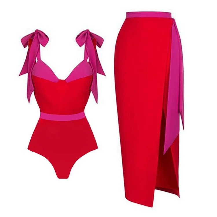 JSN High quality summer beachwear suit with skirt patchwork bowknot one piece swimwear