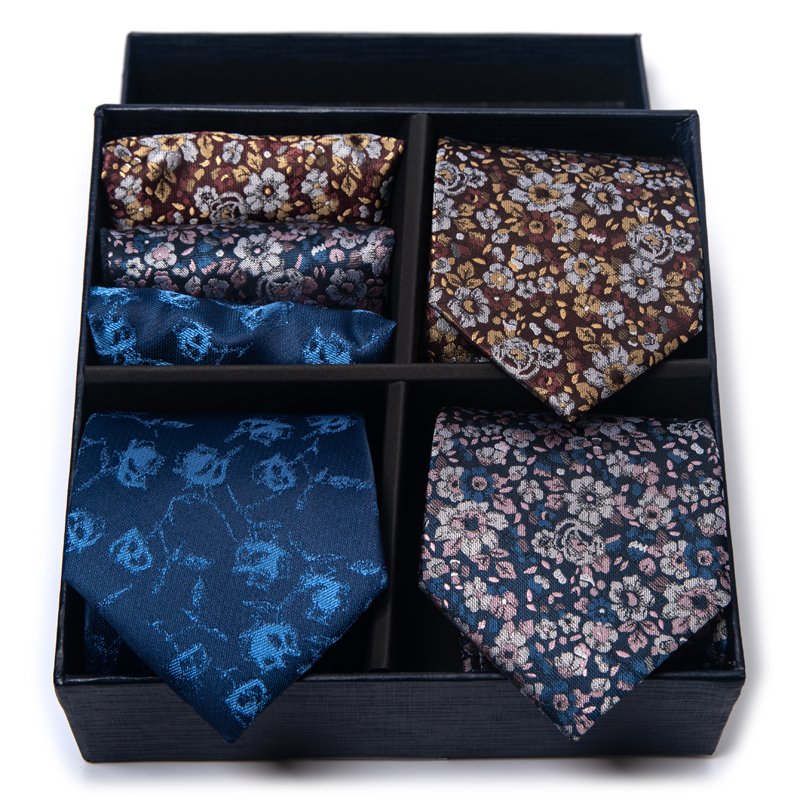 Luxury Gift Box 3 Set Tie Handkerchief Cufflink Set Pocket Squares Necktie For Men Suit Accessories Black Golden Dot