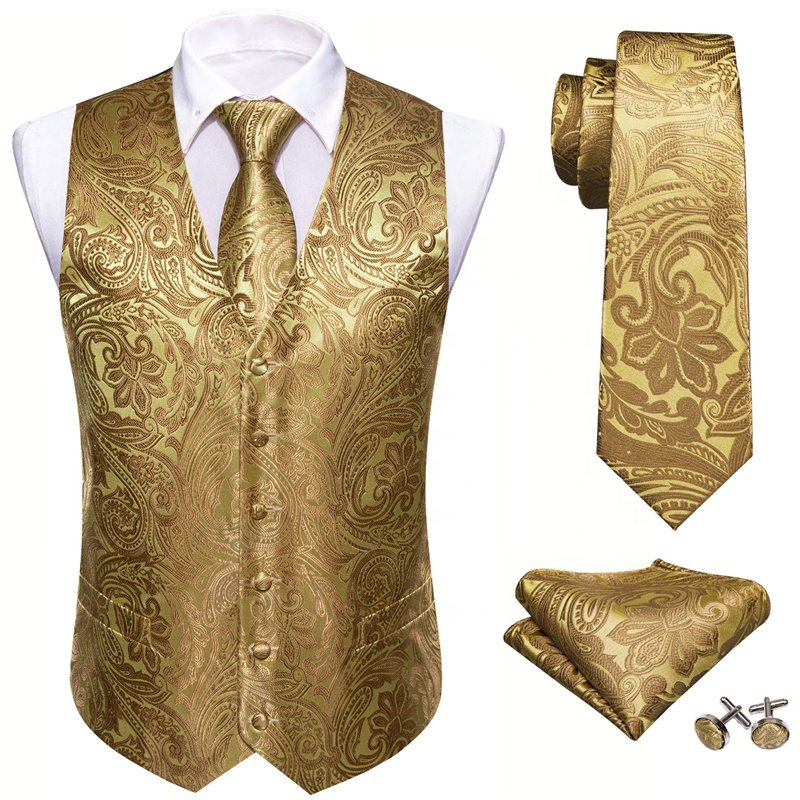 High Quality Formal Men Vest Paisley Jacquard Silk Tie Suit Waistcoat Set Wedding 5PCS