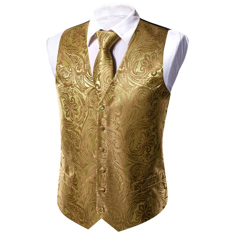 High Quality Formal Men Vest Paisley Jacquard Silk Tie Suit Waistcoat Set Wedding 5PCS