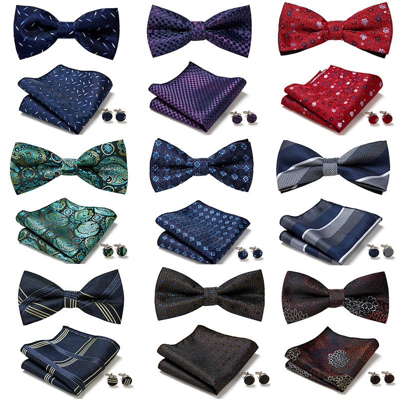 Classic Red Silk Bow Ties for Men Pre-Tied Butterfly Style with Pocket Square and Cufflinks Elegant Suit Set