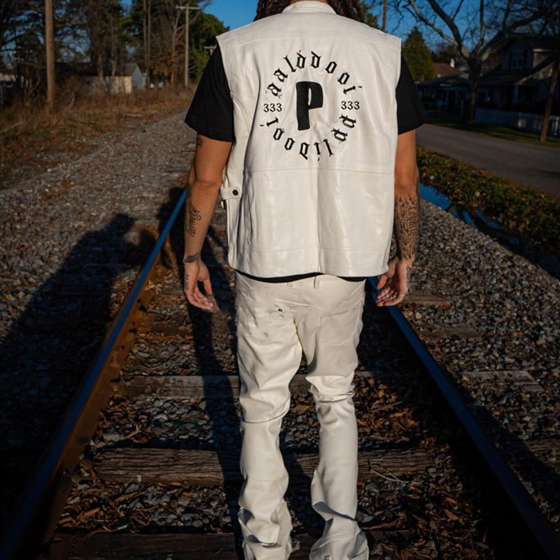 YSJY OEM Custom logo design Leather Cargo Vest And Leather Stacked Pants Jogging Two Pieces Set For Men