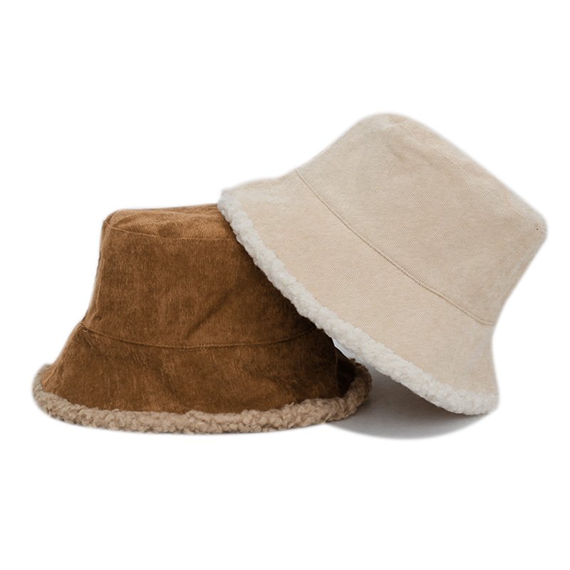 Winter Thick Warm Sherpa Women Blank Plush Hats Custom Logo Reversible Corduroy Lamb Wool Furry Bucket Hat