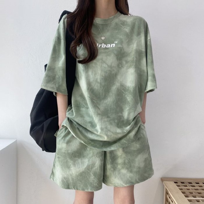 Summer Women Clothing Set Short Sleeve Tshirt+Shorts 2Pcs Camouflage Tie-Dyed Loose Tees Tops Sports Casual Suit
