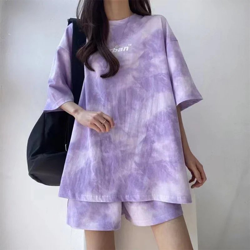 Summer Women Clothing Set Short Sleeve Tshirt+Shorts 2Pcs Camouflage Tie-Dyed Loose Tees Tops Sports Casual Suit