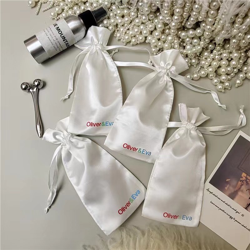 Custom Small White Gift Silk Satin Drawstring Jewelry Bags Packaging With Custom Logo jewellery pouch low MOQ