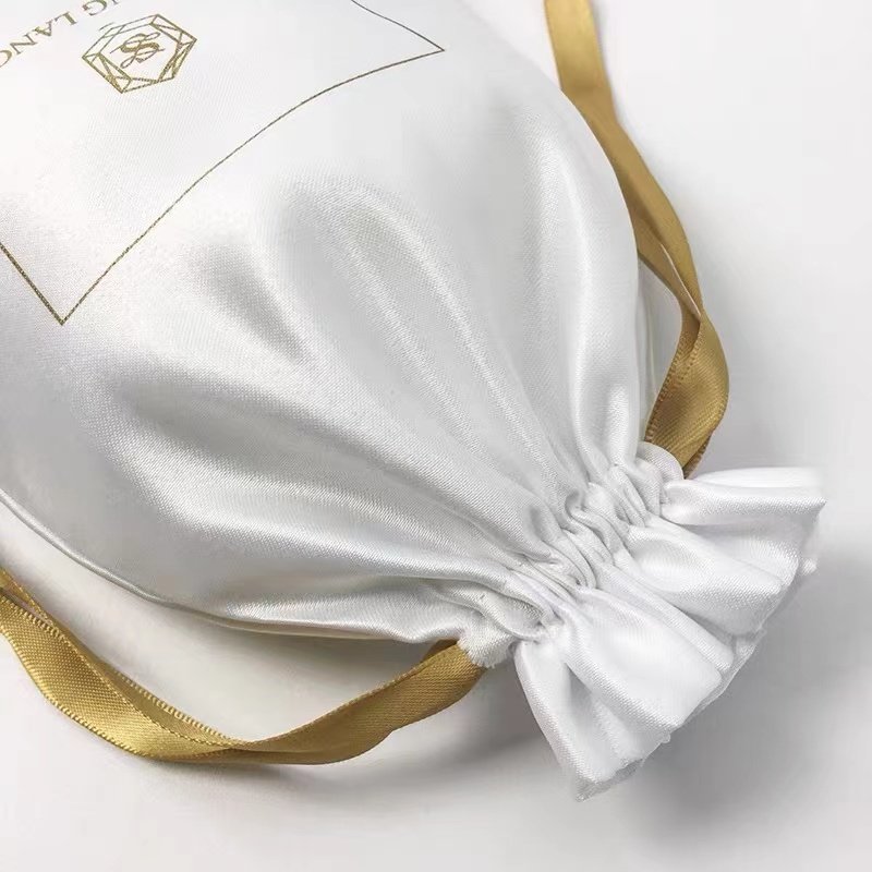 Custom Small White Gift Silk Satin Drawstring Jewelry Bags Packaging With Custom Logo jewellery pouch low MOQ