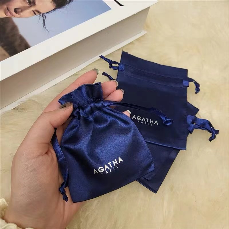 Custom Small White Gift Silk Satin Drawstring Jewelry Bags Packaging With Custom Logo jewellery pouch low MOQ