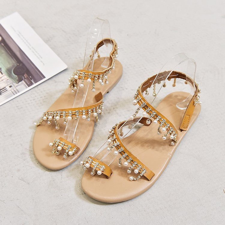 2024 Hot Sale Women Chaussures Sandales A Talons Hauts Pour Femme Frauen Sandalen Jeweled Beads Toe Ring Flat Sandals For Ladies