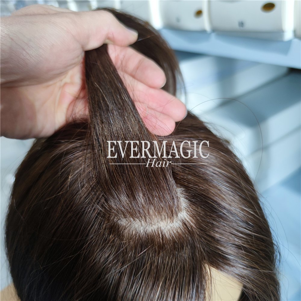 Evermagic Cafe Brown Color Natural Wavy scalp silk Top with Silicone pu top Medical wig for Women