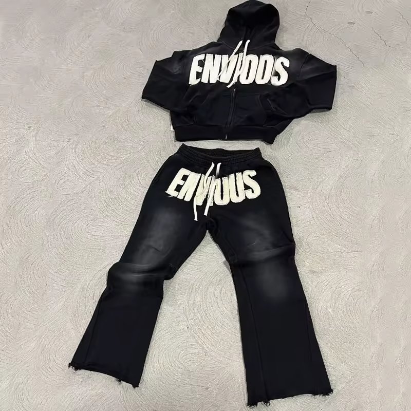 Custom Fleece Screen Printing Tracksuit Vintage Streetwear Men Oversized Sweatsuit Sweatpants And Hoodie Set
