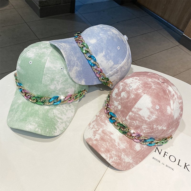 Fashion tie-dye sun protection chain rhinestone baseball cap