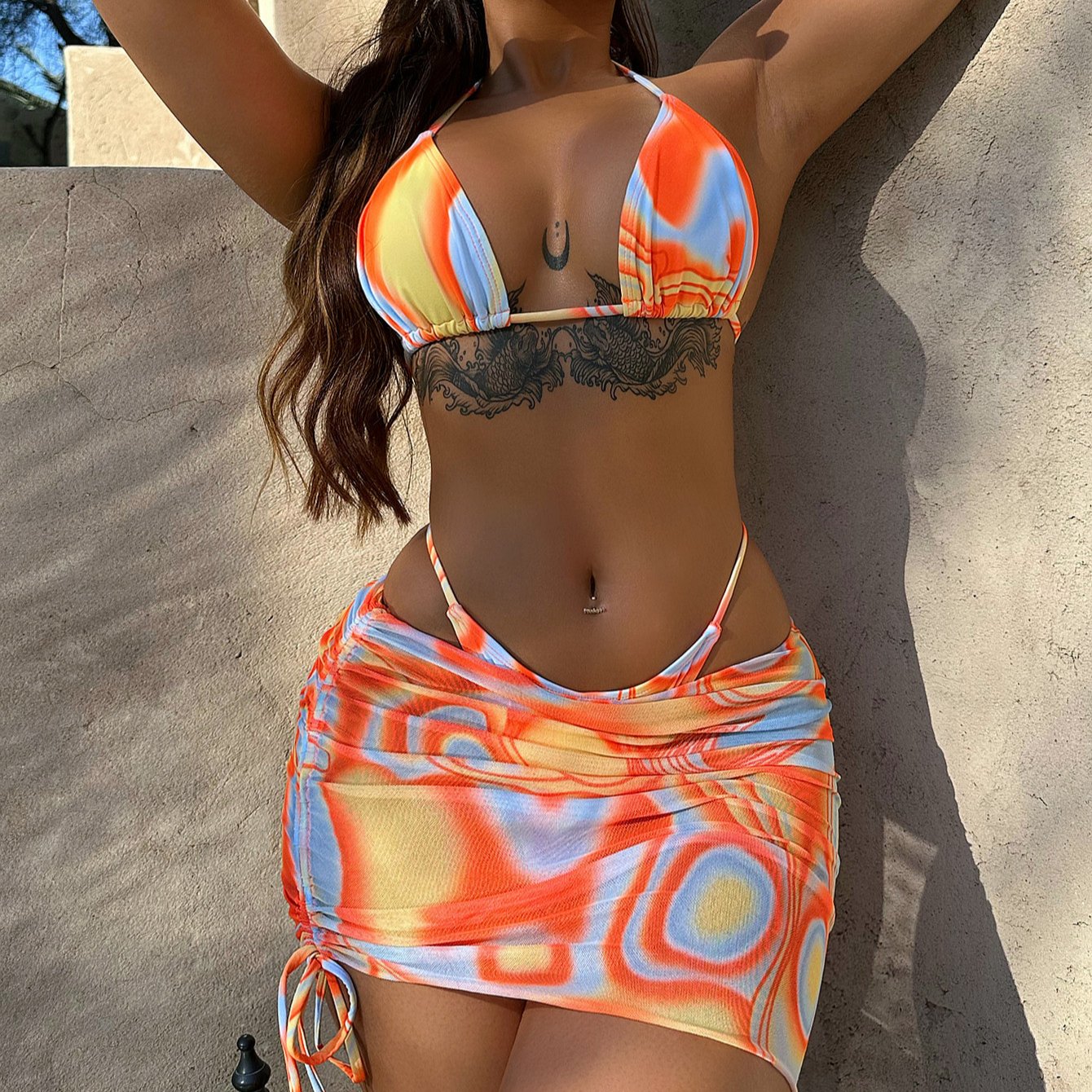 Xuanlang Wholesale Sexy Tie Dyed Bikini Women Mesh High Cut Micro Thong Bikinis Set Swimwear Female 3 Pc Bathing Suit Beachwear