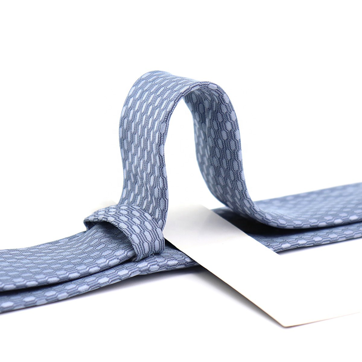 China Custom Necktie Geometric Handmade Slim Skinny Honeycomb Hexagon Microfiber Polyester Woven Neck Ties Dusty Blue For Men