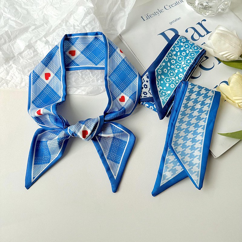Wholesale Small Silk Scarf For Women New Blue Color Checked Print Handle Bag Ribbons Fashion Head Scarf Long Skinny Scarves