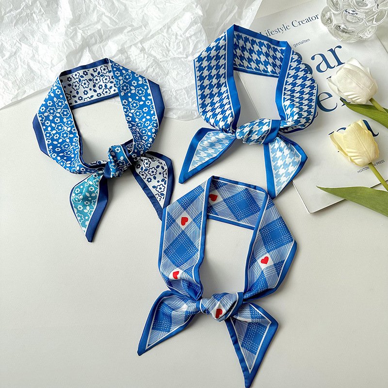 Wholesale Small Silk Scarf For Women New Blue Color Checked Print Handle Bag Ribbons Fashion Head Scarf Long Skinny Scarves