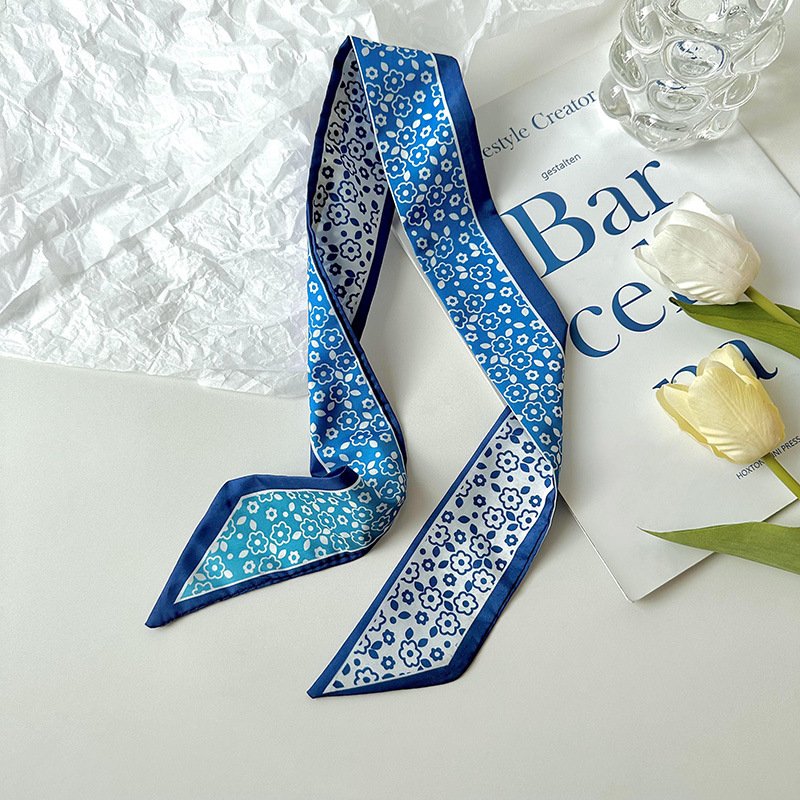 Wholesale Small Silk Scarf For Women New Blue Color Checked Print Handle Bag Ribbons Fashion Head Scarf Long Skinny Scarves