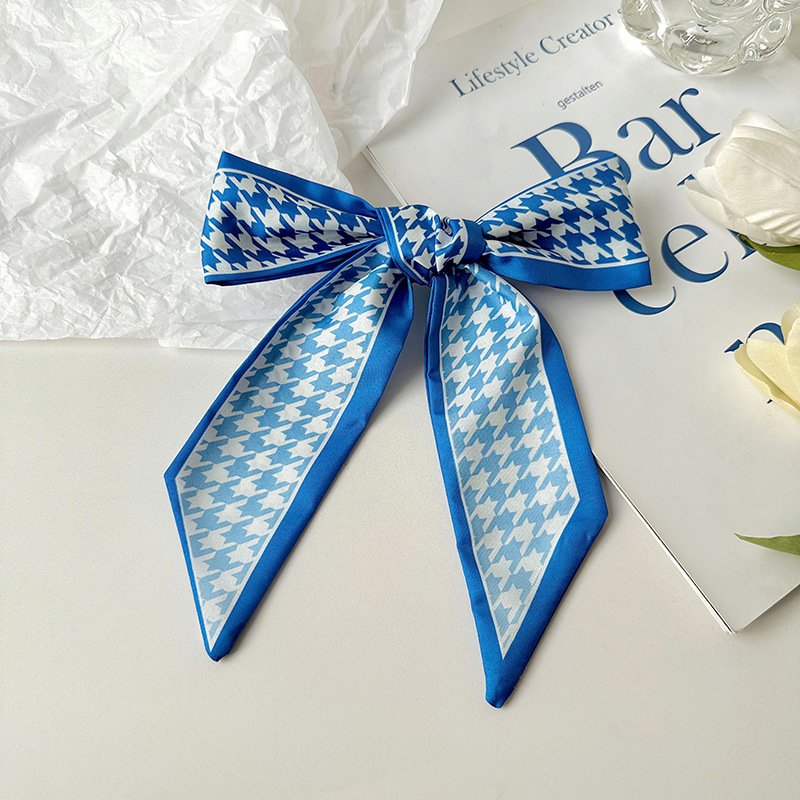 Wholesale Small Silk Scarf For Women New Blue Color Checked Print Handle Bag Ribbons Fashion Head Scarf Long Skinny Scarves