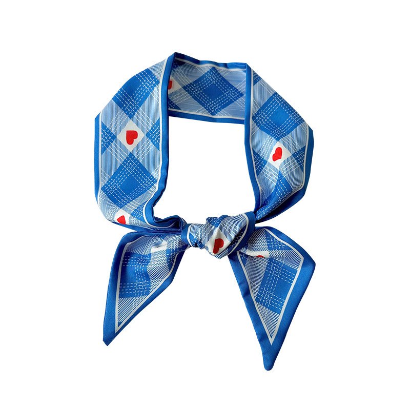 Wholesale Small Silk Scarf For Women New Blue Color Checked Print Handle Bag Ribbons Fashion Head Scarf Long Skinny Scarves