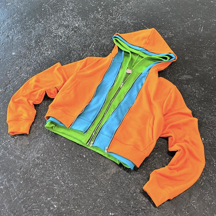 Kafany Garment Custom Streetwear 100% Cotton French Terry Stone Wash Color Block Patch Boxy Cropped Triple Layered Zip Up Hoodie