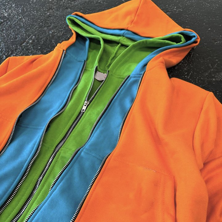 Kafany Garment Custom Streetwear 100% Cotton French Terry Stone Wash Color Block Patch Boxy Cropped Triple Layered Zip Up Hoodie
