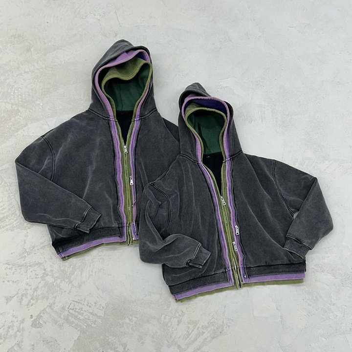 Kafany Garment Custom Streetwear 100% Cotton French Terry Stone Wash Color Block Patch Boxy Cropped Triple Layered Zip Up Hoodie