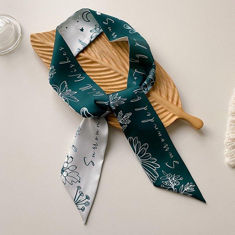 Spring Floral Ladies Twill Silk Hair Scarf Decoration Long Strip Tie Bag Handle Ribbon Wrist Wrap Ribbon
