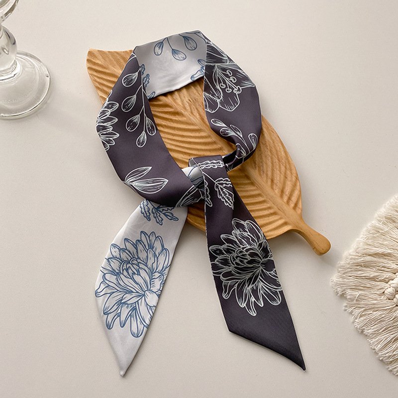 Spring Floral Ladies Twill Silk Hair Scarf Decoration Long Strip Tie Bag Handle Ribbon Wrist Wrap Ribbon