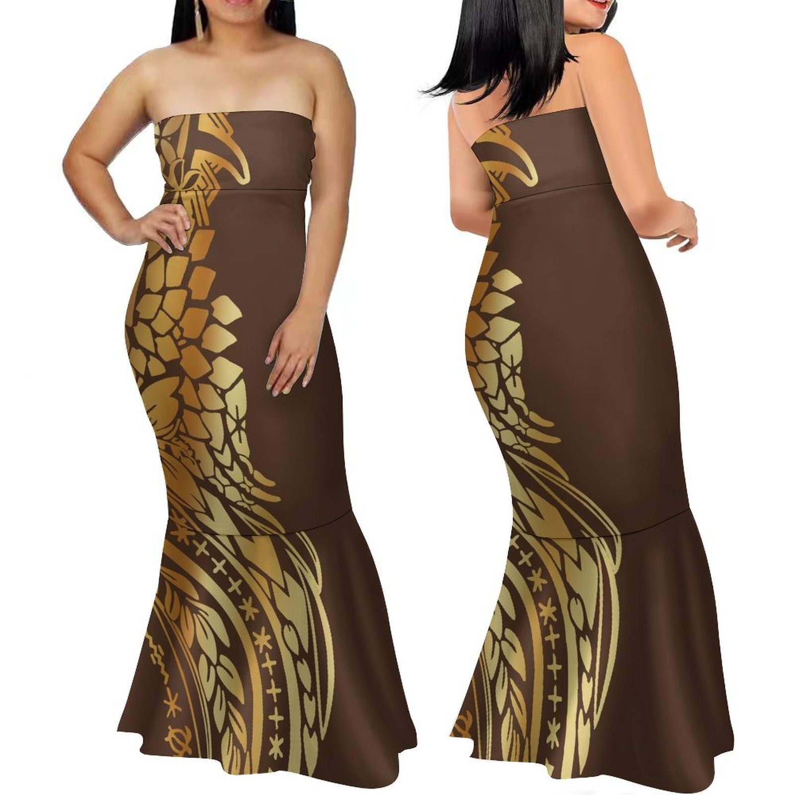 Milk Silk Fabric Polynesian Mermaid Dresses Custom Red Tapa Flower Printed Strapless Ladies Dress Off-shoulder Nightclub Dress