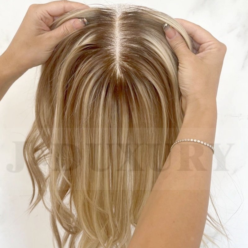 100% European Human Hair Platinum Blonde Color Hand Tied Silk Base Topper Cuticle Aligned Jewish Kosher Topper for white woman