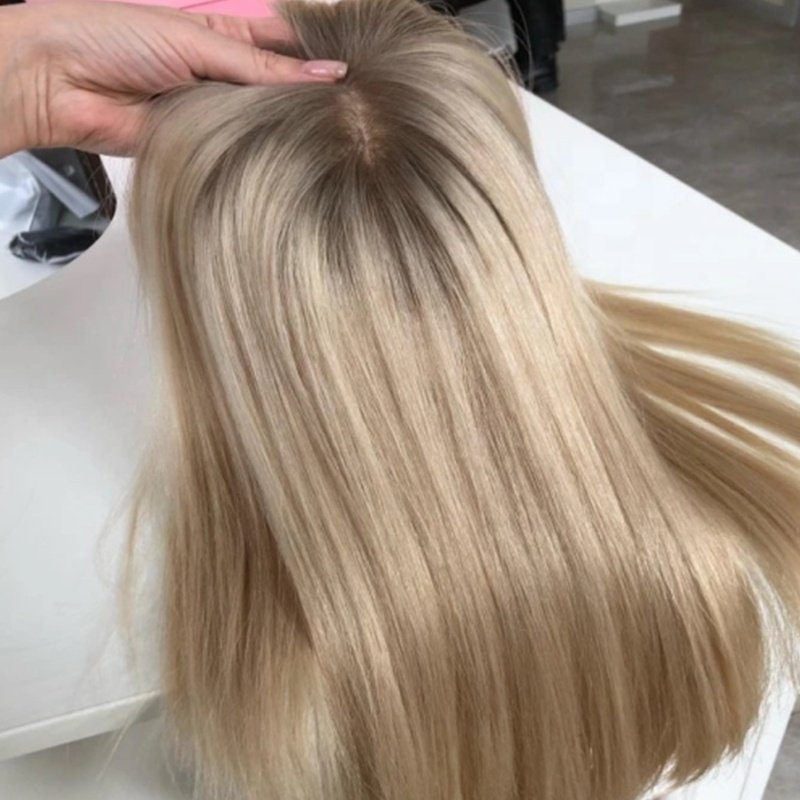 100% European Human Hair Platinum Blonde Color Hand Tied Silk Base Topper Cuticle Aligned Jewish Kosher Topper for white woman