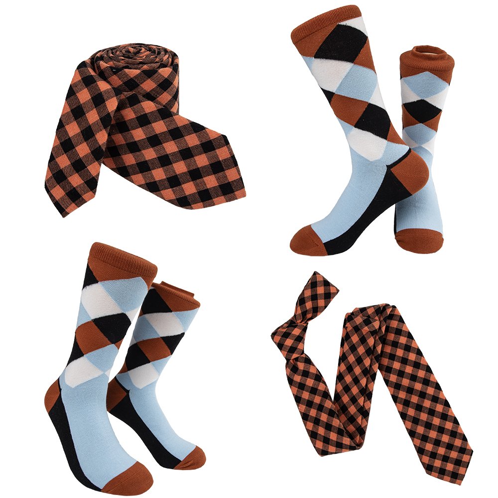 Wholesale Custom Colorful Mens Black Orange Plaid Cotton NeckTie Tie And Sock Set For Wedding Party