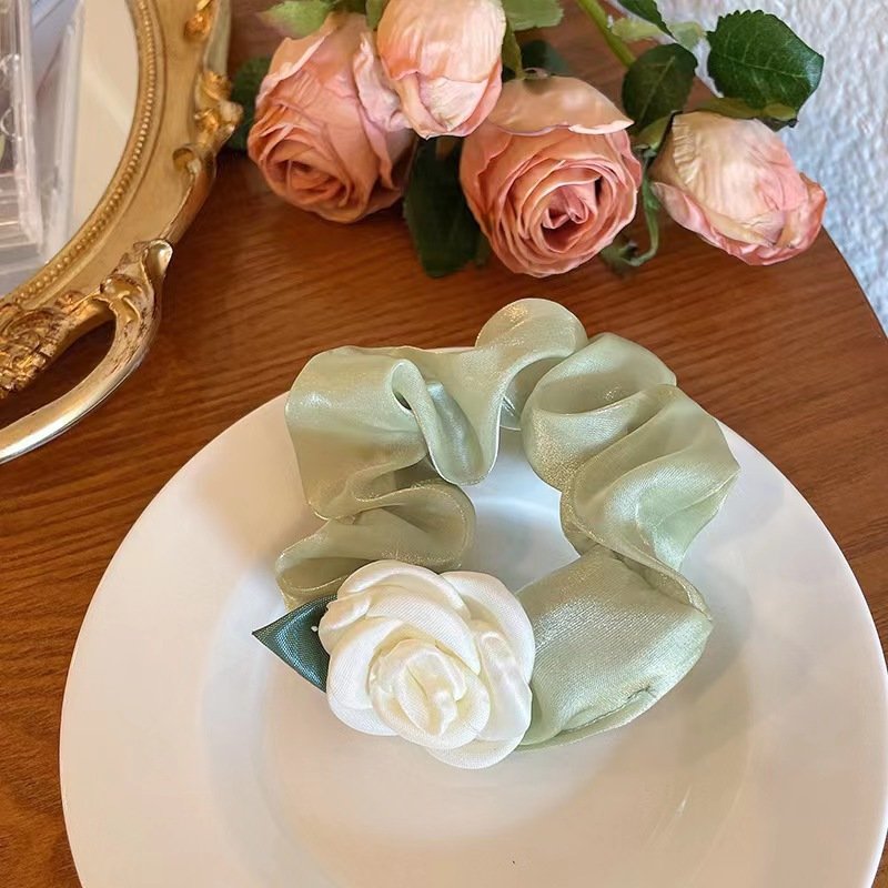 Wholesale Solid Color Silk Hair Scrunchies White Camellia Hair Ties Fashion Flower Scrunchies Hair Accessories For Women