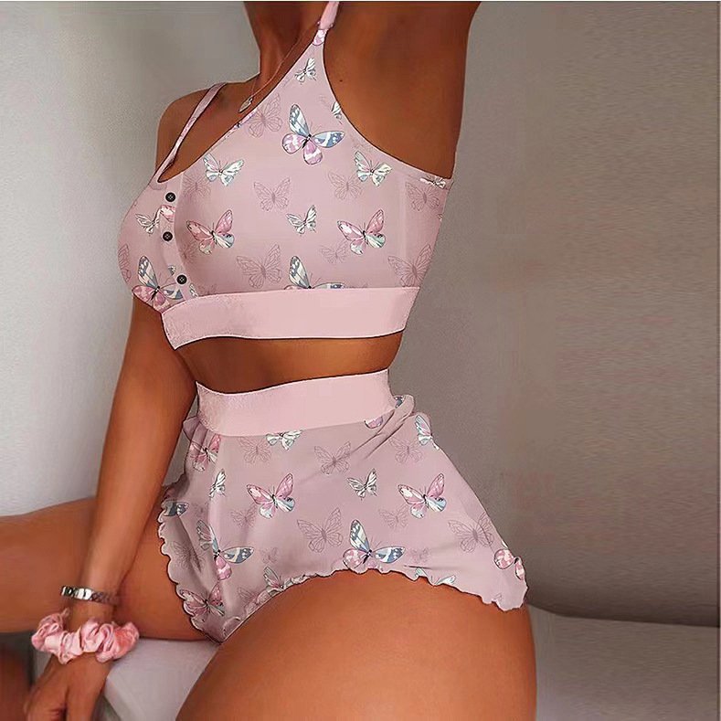 P001 2024 Wholesale Print Logo Milk Silk Pijamas Vest And Shorts Pretty Drawing Sleepwear Pajamas Set For Women