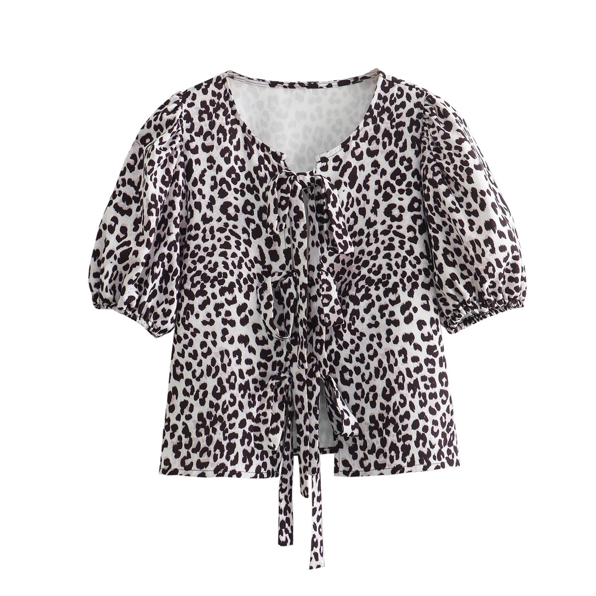 oversized leopard print bow tie bubble sleeve shirt for summer new loose and slimming spicy girl top for women