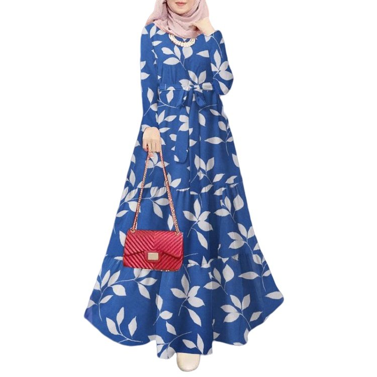 New factory price Muslim long dress elegant slim waist long sleeve skirt floral printing A line abaya jalabiya
