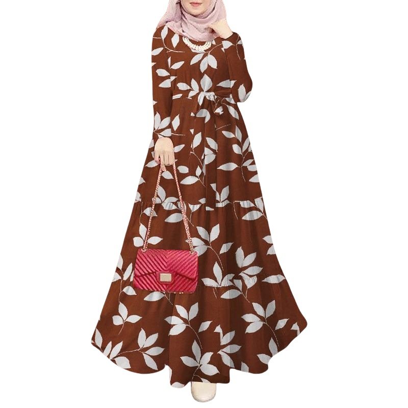 New factory price Muslim long dress elegant slim waist long sleeve skirt floral printing A line abaya jalabiya