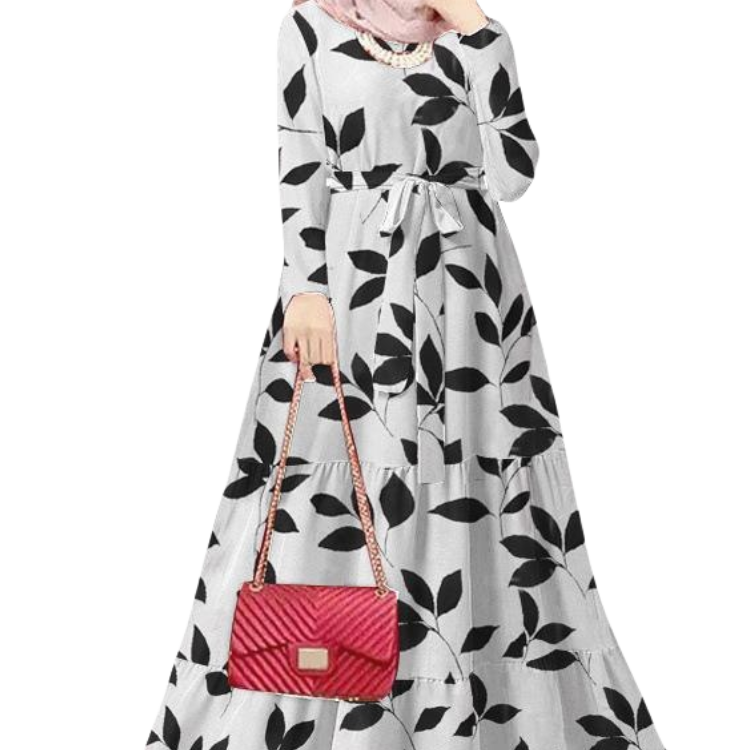 New factory price Muslim long dress elegant slim waist long sleeve skirt floral printing A line abaya jalabiya