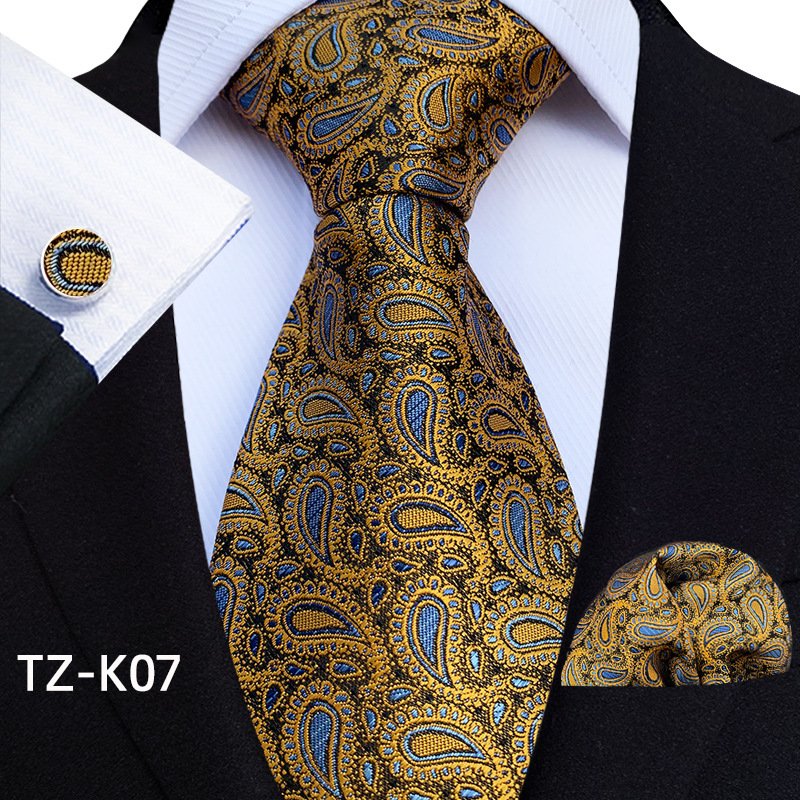 Fashion Men Business Brown Blue Yellow Tie Set Tie And Cufflink Gift Set Silk Necktie With Handkerchief For Men Wedding