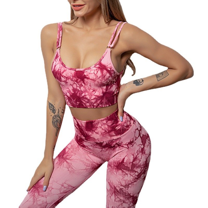 Hot Sale Fashion Ladies 2 Piece Suit Workout Running Tie Dye Gradient Color Hip Lift Sports Bra and Leggings Seamless Yoga Sets